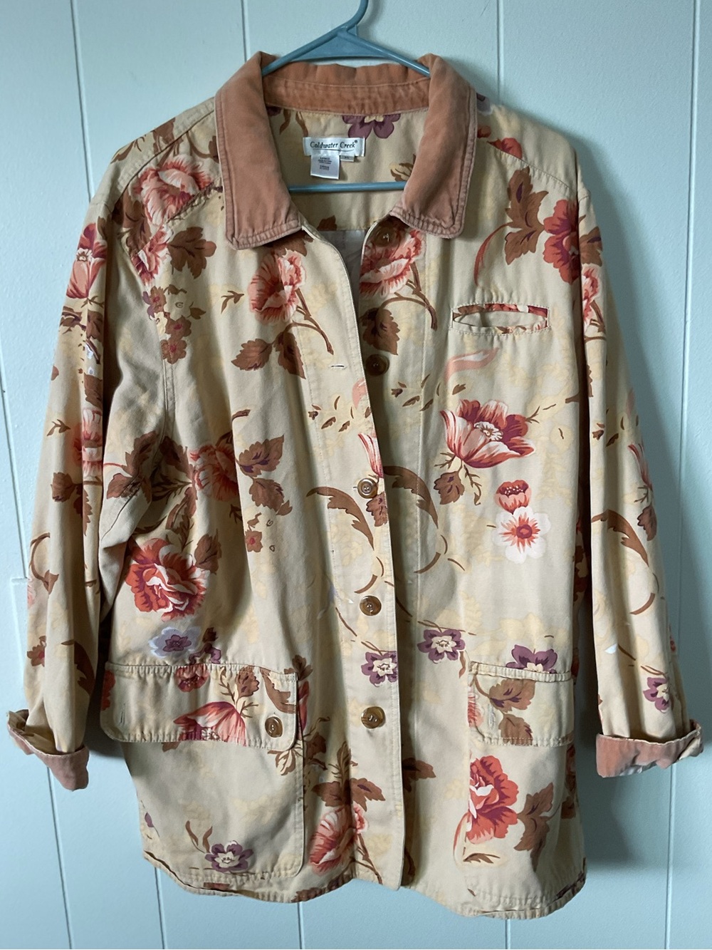 Coldwater Creek Cream Floral Barn Jacket with Rose and Mauve Print.